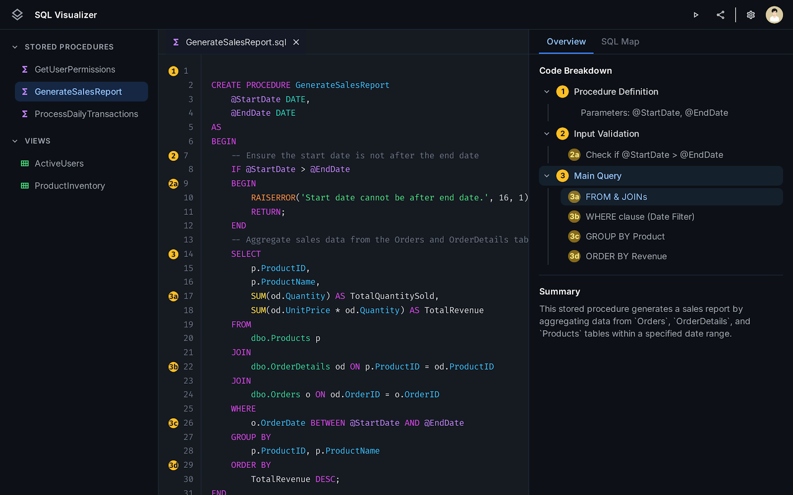 SQL overview panel showing code breakdown
